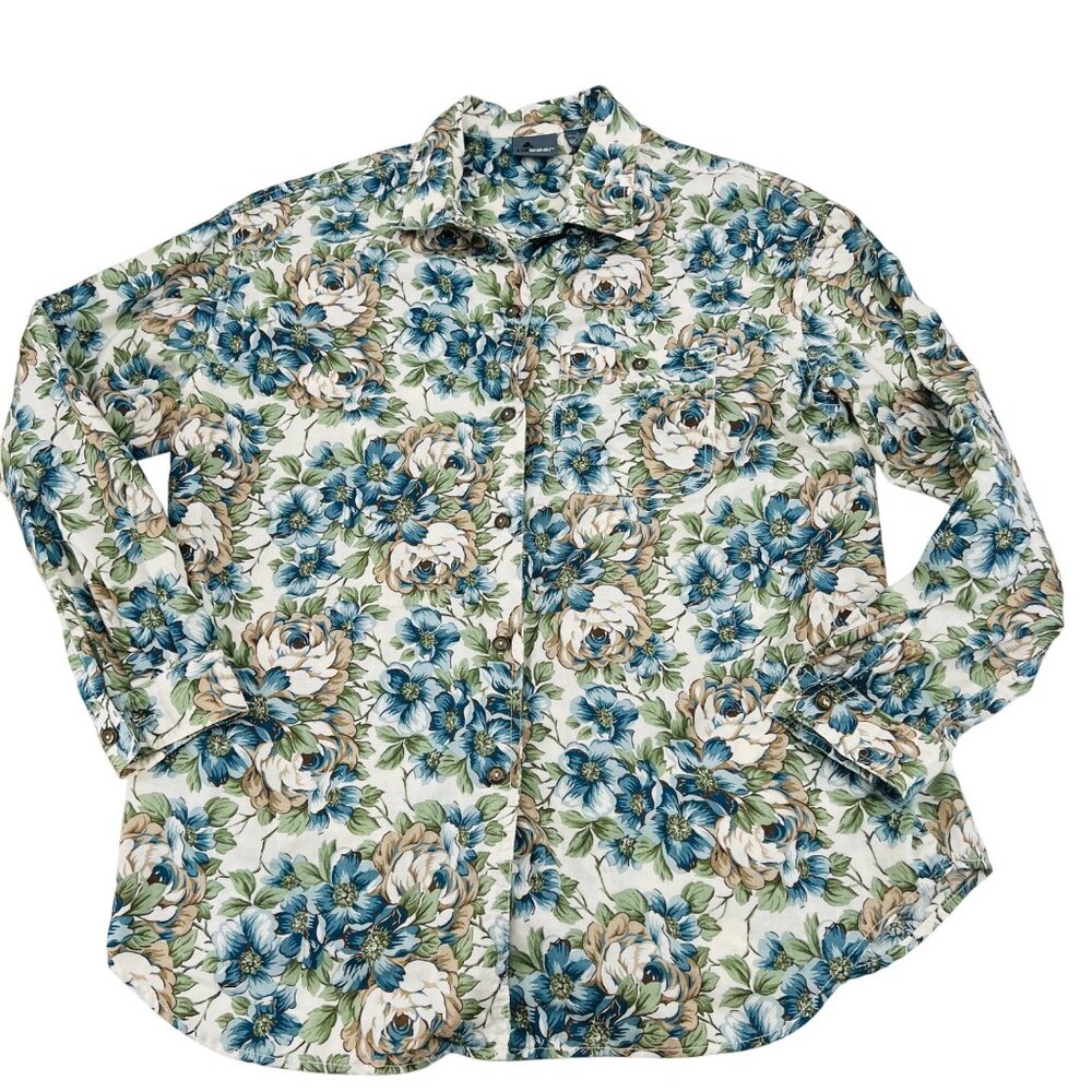 Lizwear Womens Floral Button-Up‎ Shirt L Cotton Vintage 90s Blue & Beige Roses